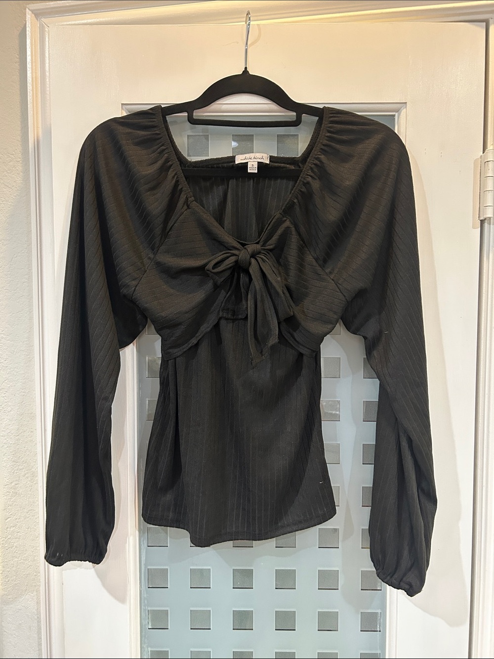 white birch Black Tie-Front Long Sleeve Blouse